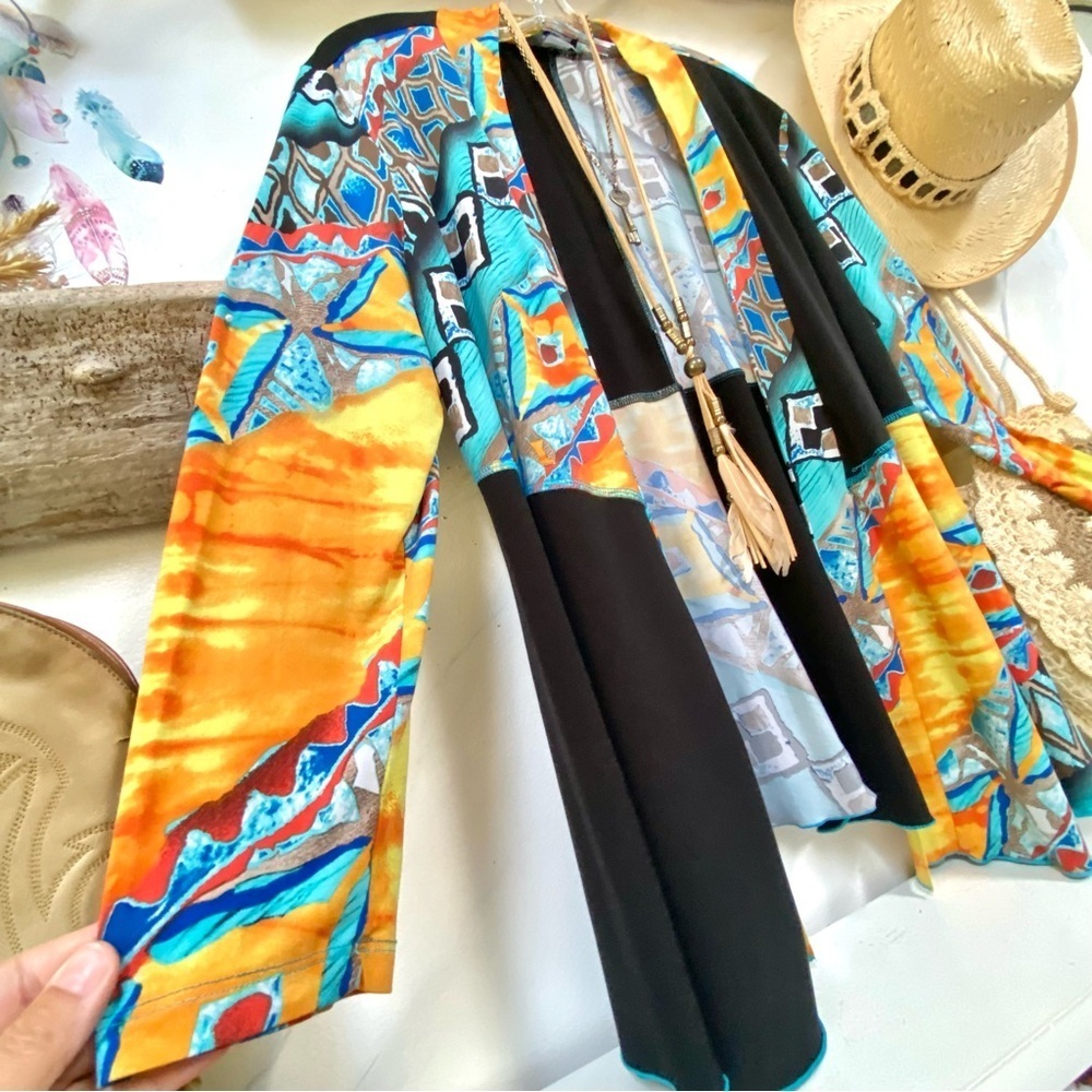 Funky patchwork vibe open front boho cardigan w resort vacay feel - Picture 4 of 10